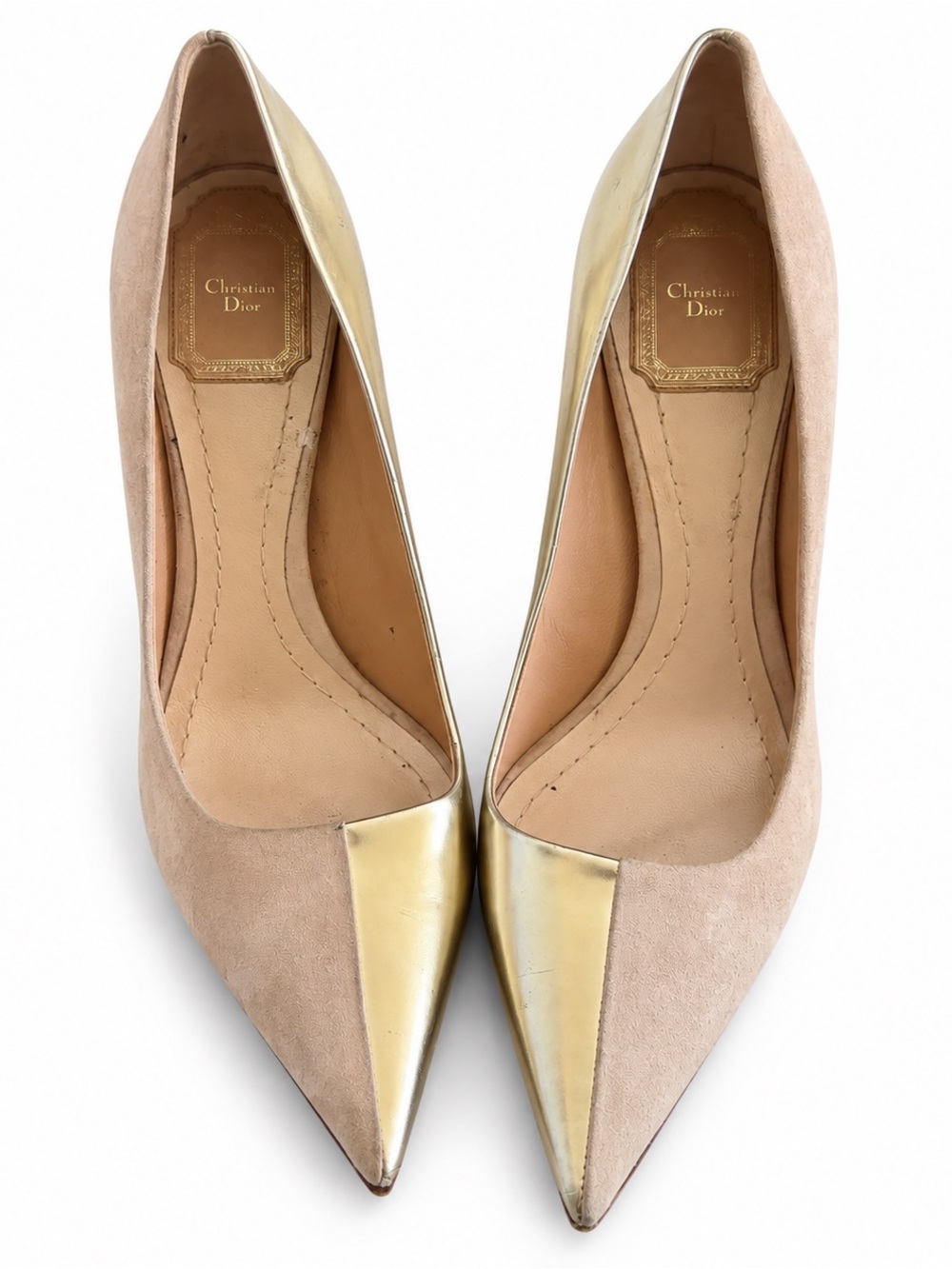 Christian Dior Size 38 Nude Suede Metallic Gold Pointed-Toe Pumps